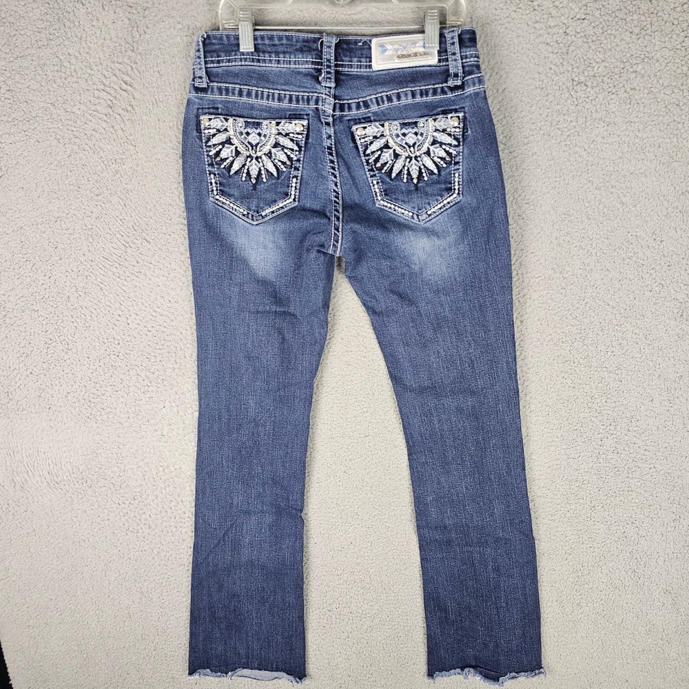 Grace in LA Jeans Women 27 Blue Medium Wash Embroidered Raw Hem Western Denim